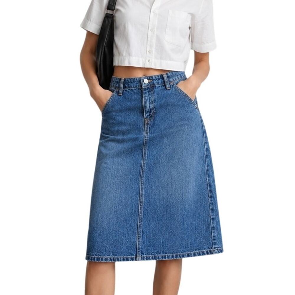 Y2K GAP Denim Pencil Skirt Indigo Wash Midi Pockets Back Slit 6